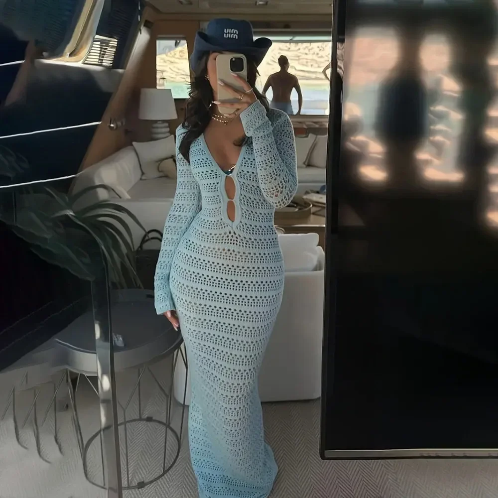 

2025 Handknitted Long-Sleeved Beach Skirt Sunscreen Blouse Sexy Hollow Casual Vacation Pure Desire Fashionable And Sexy