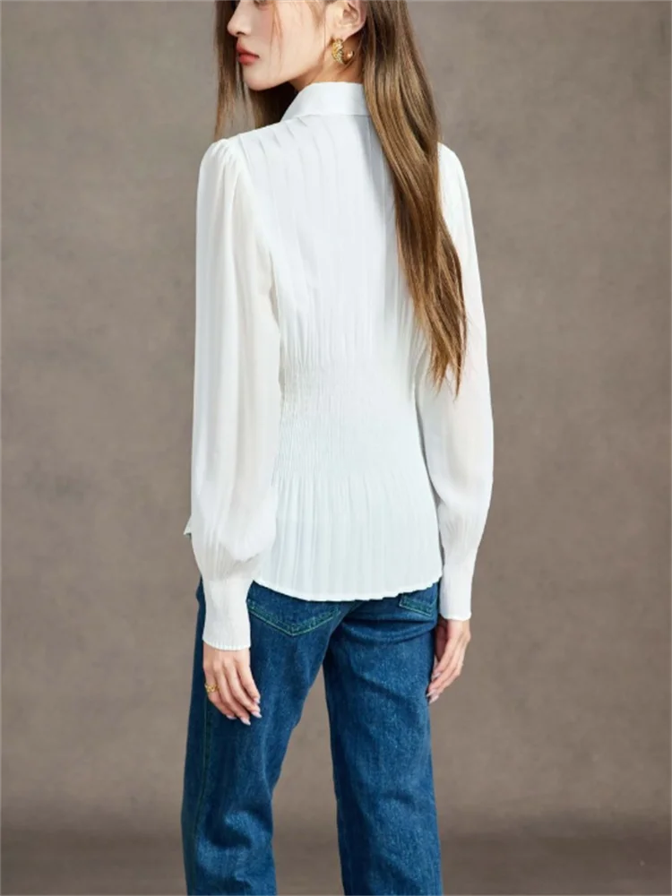 Ladies White Shirt Waist Cinching Top Vertical Pleated Blouse Long-sleeved Chiffon Shirts POLO Button Up Shirt Female Blous