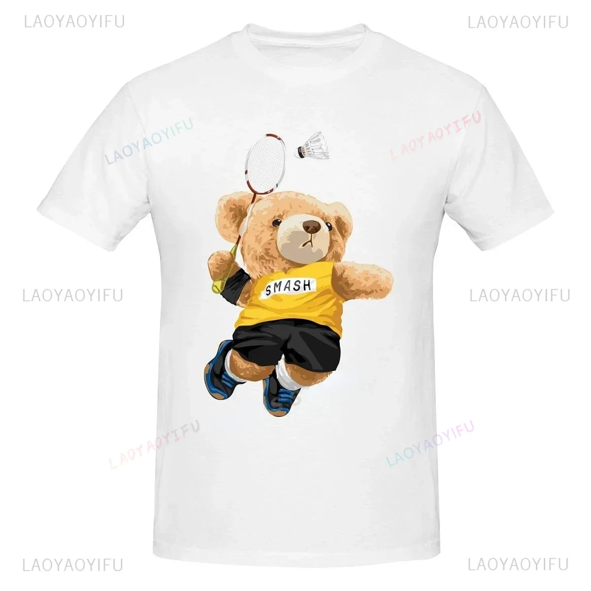 Teddy Bear Playing Badminton Tshirt Exercise Clothing Short Sleeve Tops Graphics Kawaii Men Women Short Sleeve Printed Shirt Top