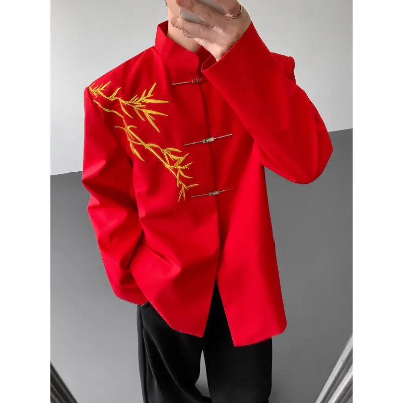 

Red Chinese Sle Bamboo Le Embroidery Metal Button Stand Collar Suit Men's Wedding Ceremony Faionable Casual Wear