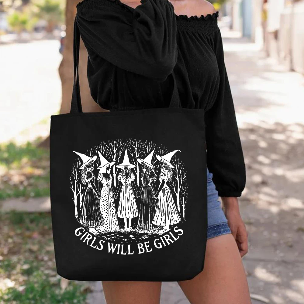 Girls Will Be Girls Witch Tote Bag Judith Beheading Holofernes Gothic Canvas Bag Unhinged Vintage Halloween Women Witch Tote Bag