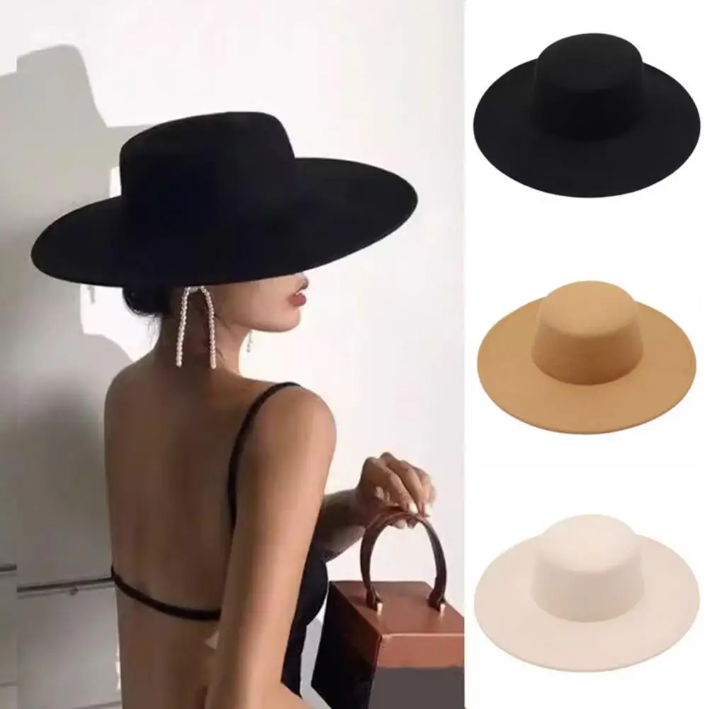 Retro Ladies Hat Big Wide Brim Fedora Hat Pure Color Derby Wedding Jazz Cap Prom Party Commuting Flat Top Felt Hat Headpiece