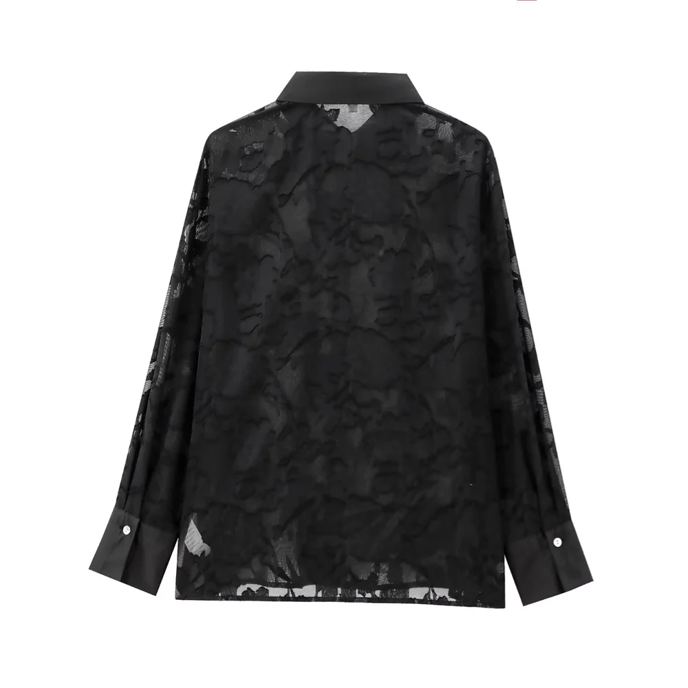 2024 RARF new autumn and winter women\'s European and American style design with burnt floral print semi transparent shirt