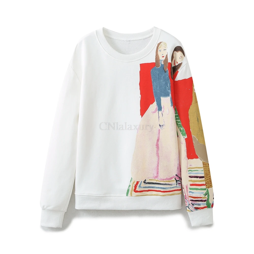 CNlalaxury 2024 Spring Product Women\'s New Fashion Casual Loose Pullover Versatile Round Neck Long Sleeve Printed Sweatshirt