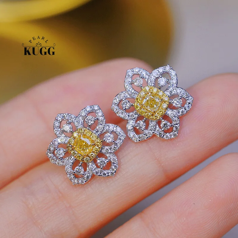 KUGG 18K White Gold Earrings Vintage Flower Design 1.3carat Real Natural Yellow Diamond Earrings for Women High Party Jewelry