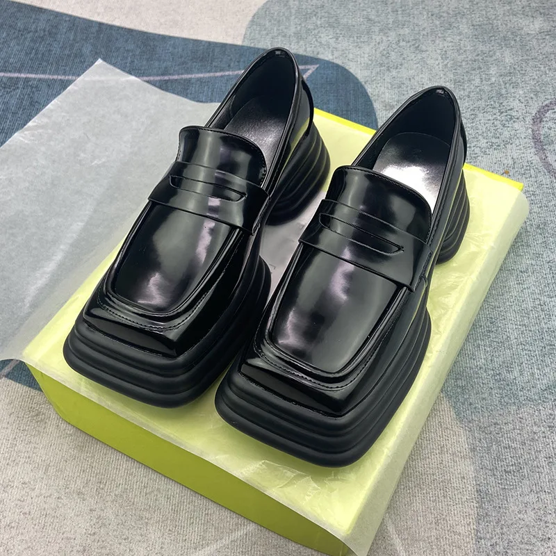 

Black Square Toe Women Leather Loafer Fashion Thick Sole Waterproof Platform Lolita High Heels Mary Jane Shoes