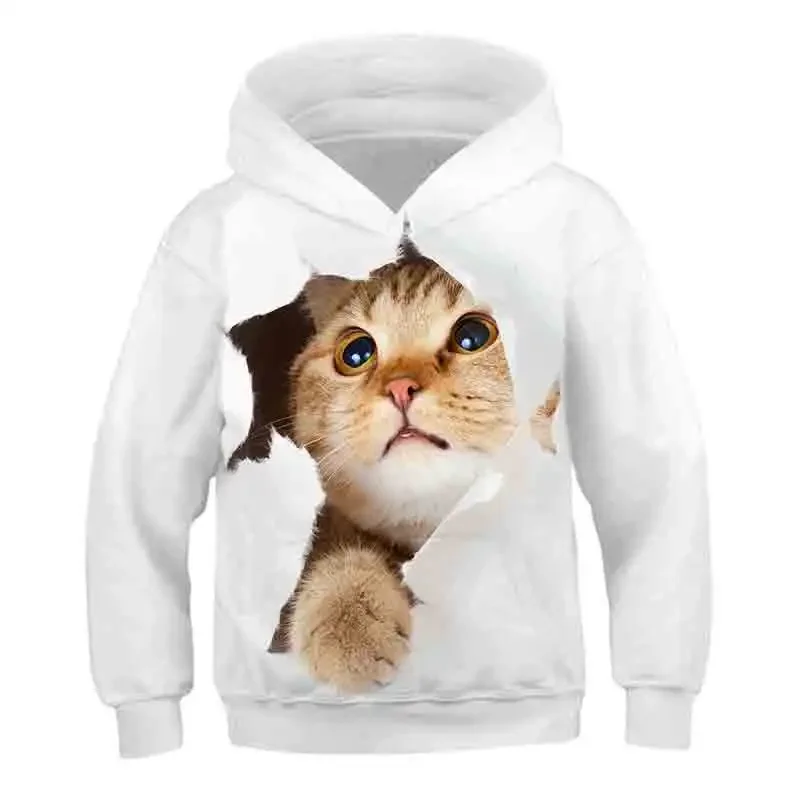 2023 New Boys Girls Cute Cat 3D Print Hoodie Children Hooded Pullover Sweatshirt Fashion Child Hoodies Kids Casual Tops Clothing