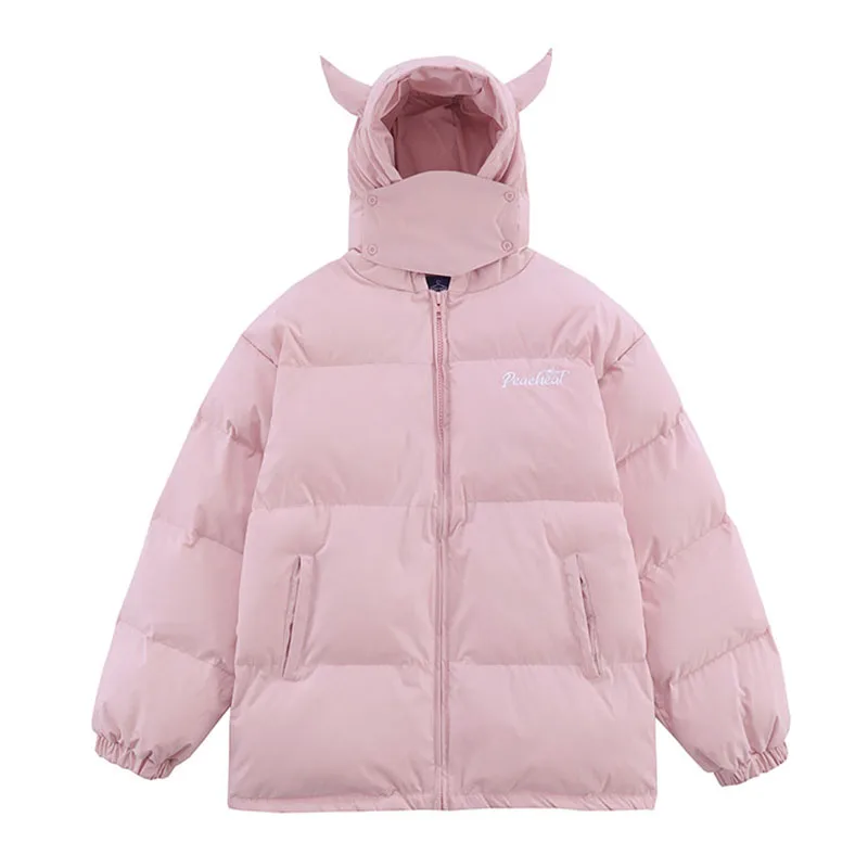 High Street Parkas Men Hip Hop Harajuku Little Devil Horns Hooded Padded Jacket Winter Thick Warm Puffer Parka Vintage Outwear