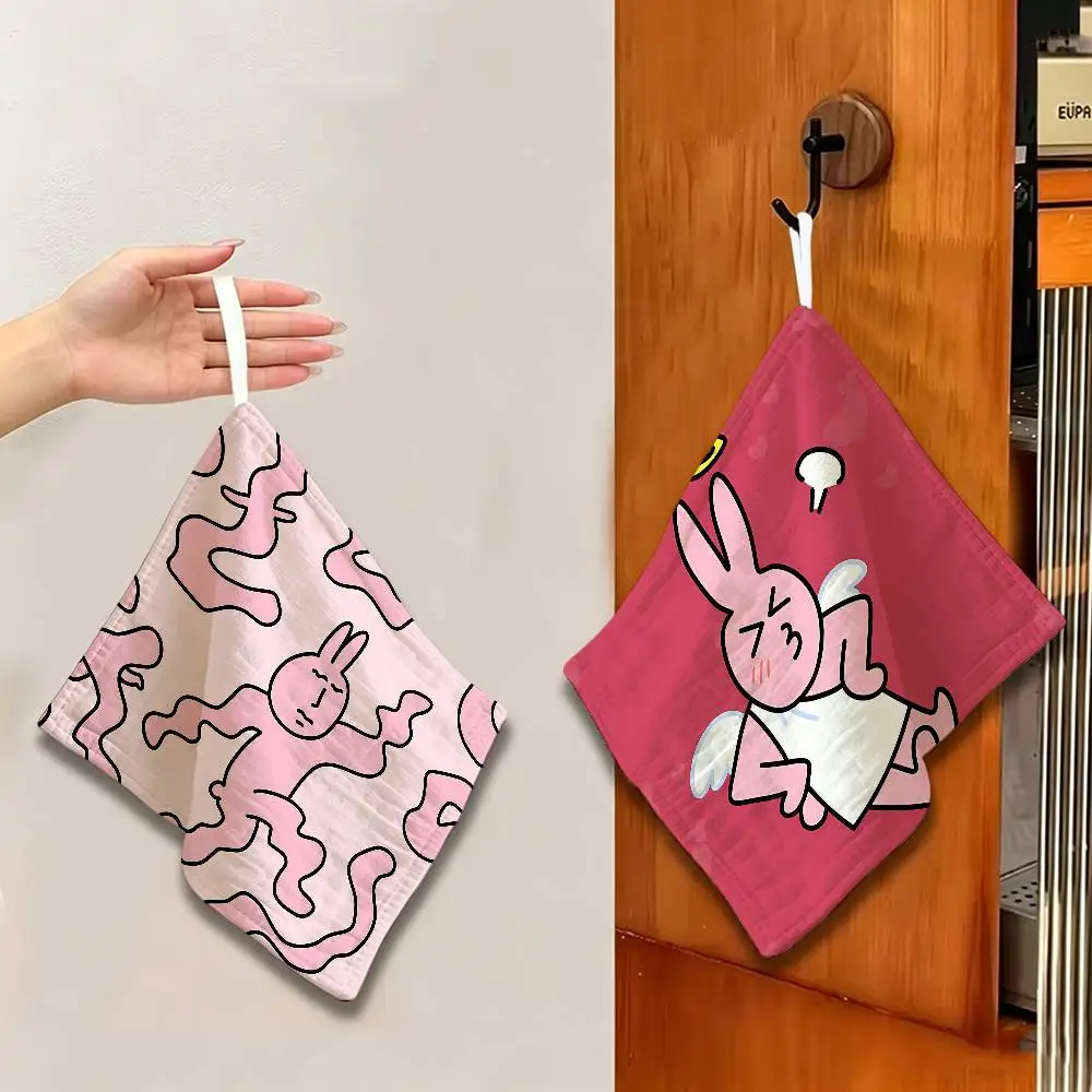 Himari Myfriend Pink Rabbit Thickened Polyester Cotton Hanging Towel, High Absorbent Hand Wiping Towel for Indoor Use