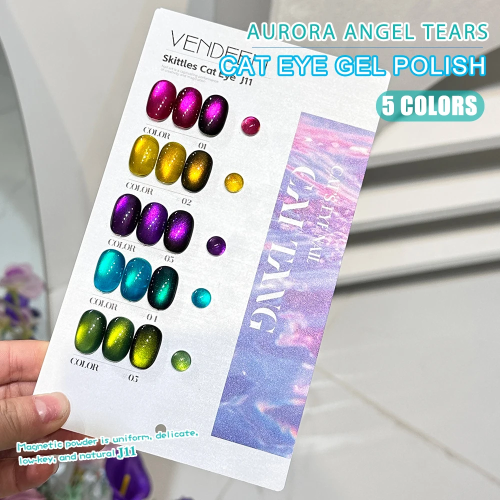 Vendeeni 5 Farben/Set Aurora Blue Tears Katzenaugen-Gel-Nagellack Magnetischer UV-Soak-Off-Gel-Lack Kristall-Katzenaugen-Gel mit Display – Detail 3