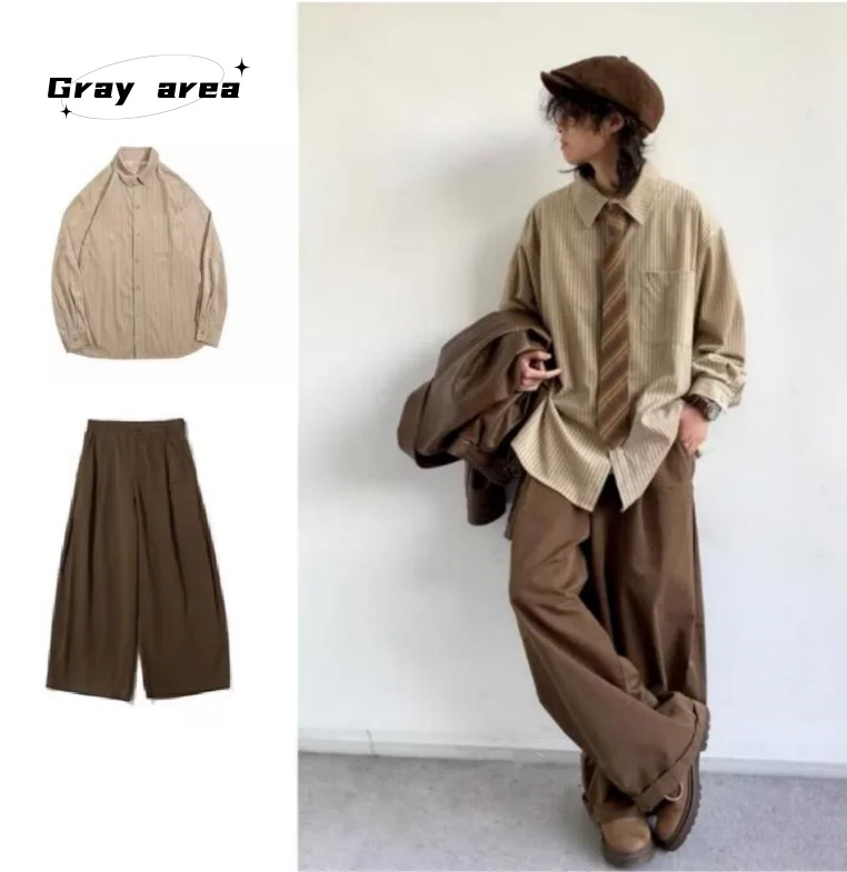 Retro Japanese Style Corduroy Long Sleeve Shirt Loose Casual Spring Autumn Unisex College Style Striped Patterned Set
