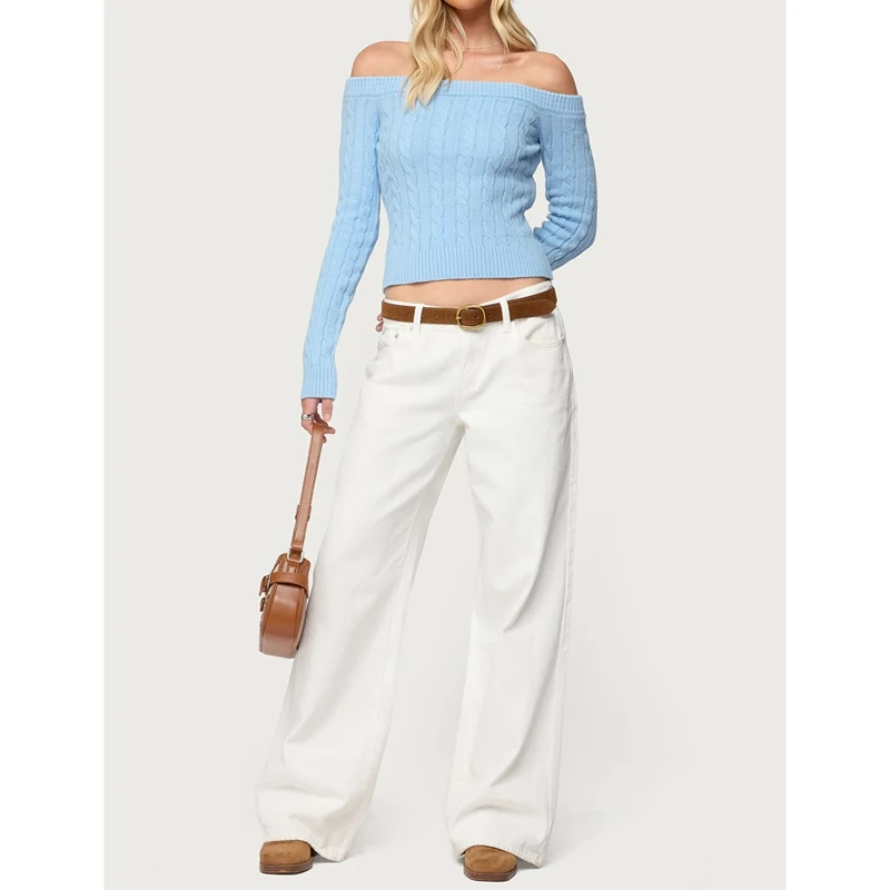 

Combhasaki женские свитера в рубчик с открытыми плечами и длинными рукавами Y2k шикарный приталенный трикотаж пуловер джемперы топы