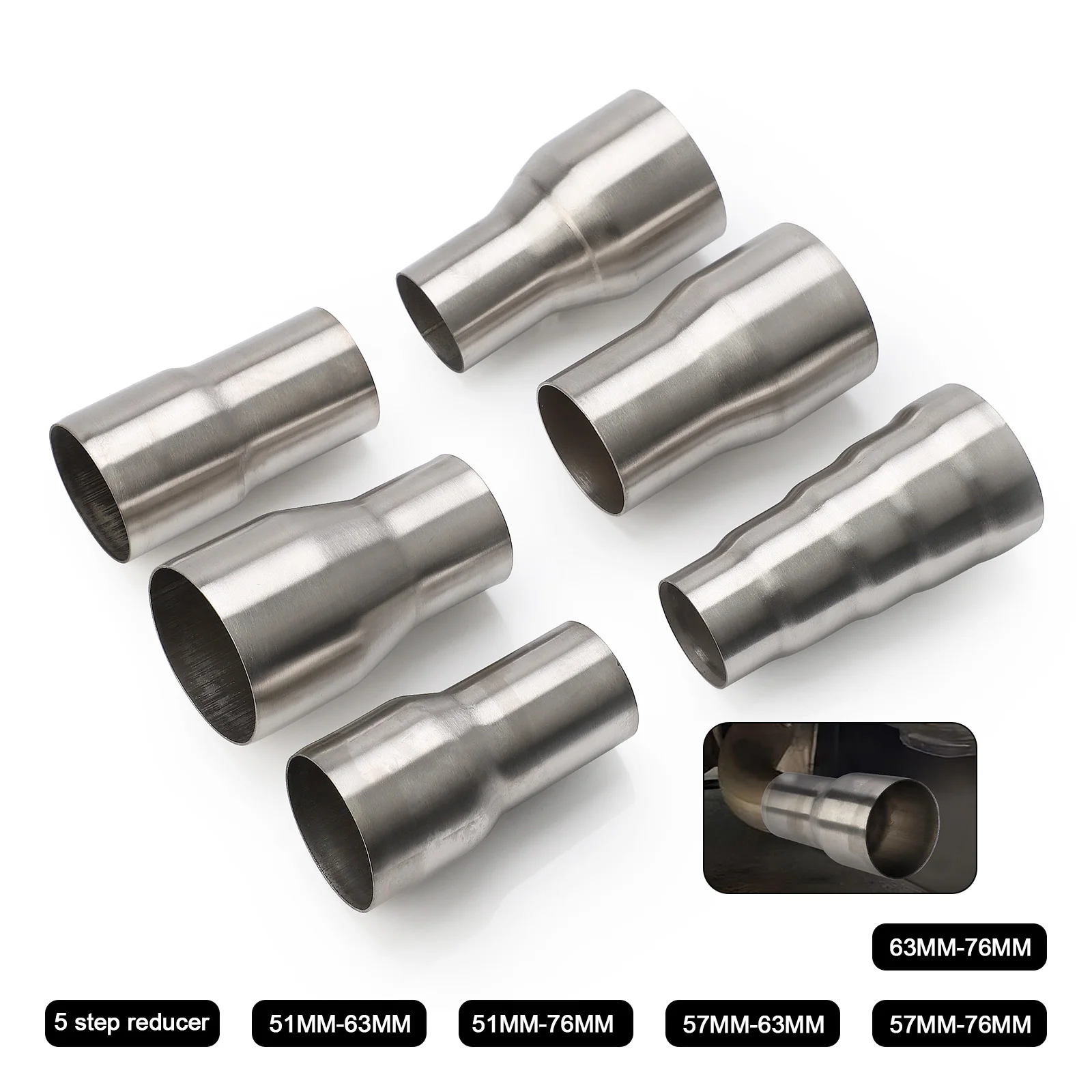 51mm-76mm 57mm-76mm 5 Step Reducer Stainless Steel Exhaust Reducer Connector Pipe Tube Adapter Intake Pipe Connection OD