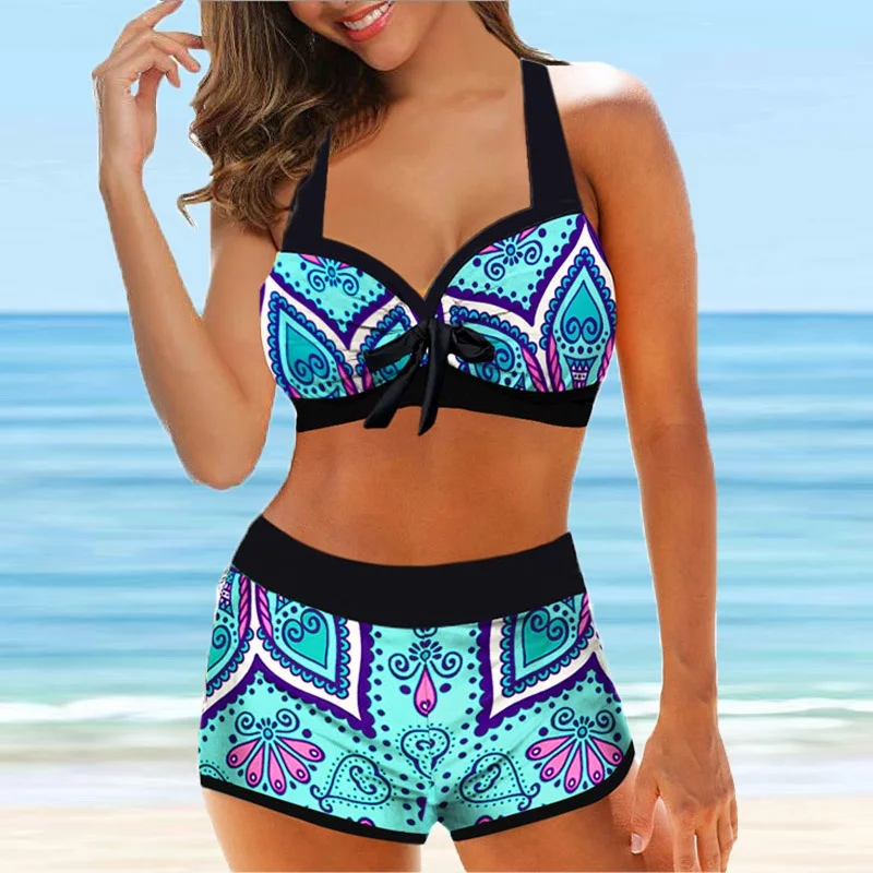 Women Sexy New Design Printing Swimsuit Loose Size Monokini Swimwear Bathing Suit Two Pieces Set Summer High Waist Beachwear