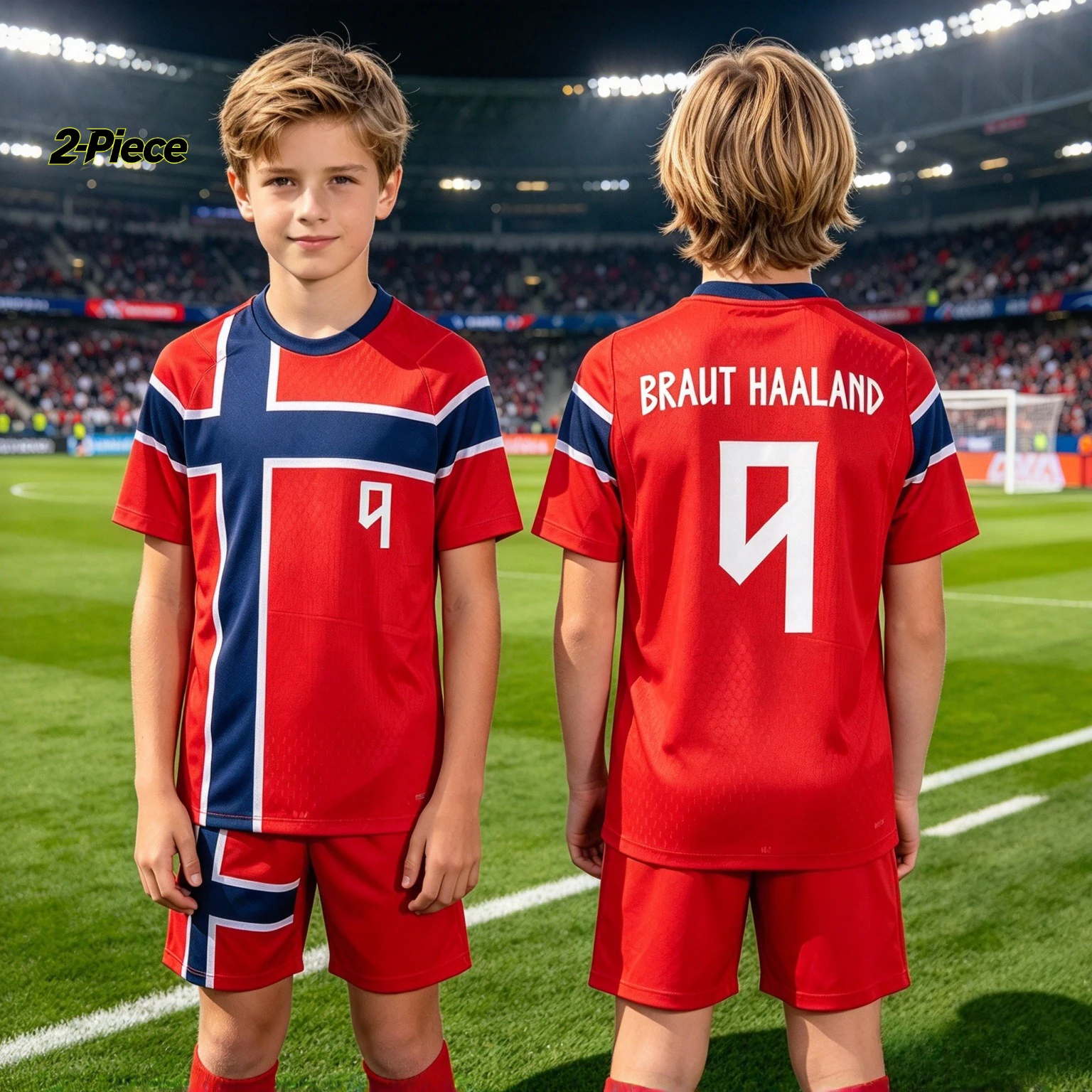 2026 Jungen Norwegen Fußball-Fan-Trikot, Haaland 9 Print T-Shirt und Shorts Set, 2-teiliger Trainingsanzug, passendes Set, Einzel-Oberteil erhältlich – Detail 5