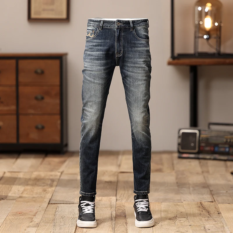 Newly Fashion Vintage Men Jeans High Quality Retro Blue Stretch Slim Fit Ripped Jeans Men Embroidery Designer Denim Pants Hombre