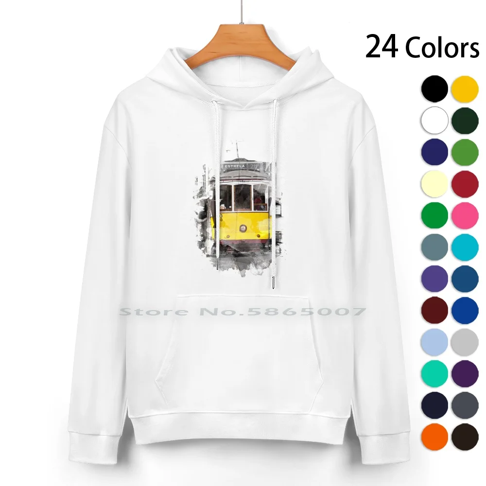 

Lisbon Tram 28 Watercolor Pure Cotton Hoodie Sweater 24 Colors Train City Vintage Car Melbourne Retro Travel Europe Old