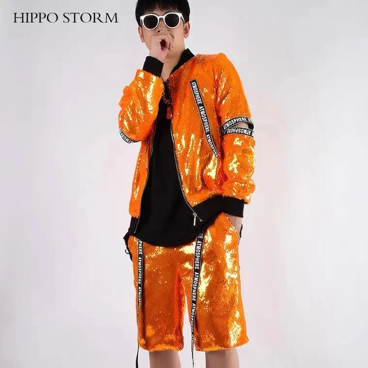 

Men Baseball 2pcs Jogging Tracksuit Male Hip Hop Rock Performance Clothes Sequin Jacket Pants Set Stage Dancer Team Costume 6XL