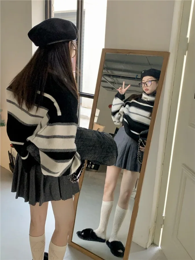 Retro Gestreepte Hoge Kraag Luie Sle Warme Trui Dames Herfst 2025, Nieuwe Casual Losse Ort Gebreide Top Comfortabele Pasvorm