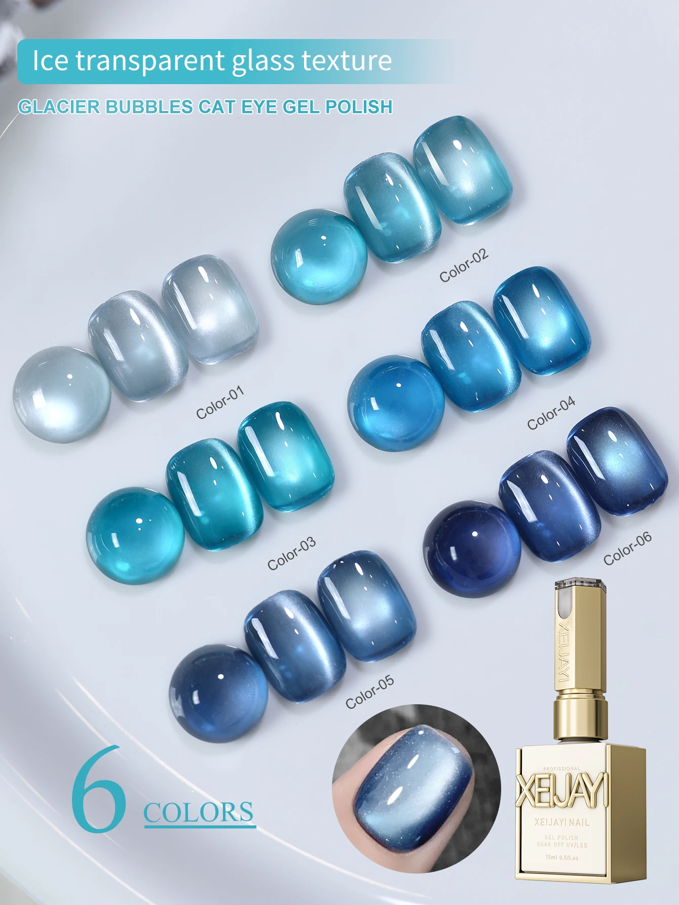 

XEIJAYI 6Pcs 15ML Blue Series cat eye Nail Gel polish set Semi Permanent Nail Art Soaking UV LED Nail Salon DIY Nail Salon Gel