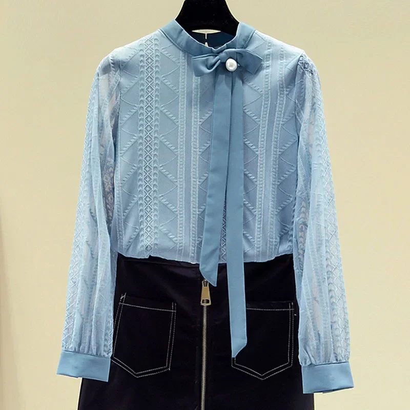 

Женская блузка-рубашка, новая элегантная блузка с длинным рукавом и воротником-стойкой на шнуровке, рубашка, женские топы, блузки, рубашки Blusas Camisas 2025 Q687