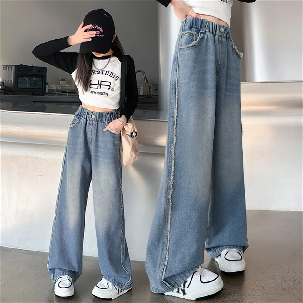 24605 Fashionable Summer Slim Wide Leg Pants Students Girls Jeans Children\'s Kid Jeans Denim Straight Leg Pants