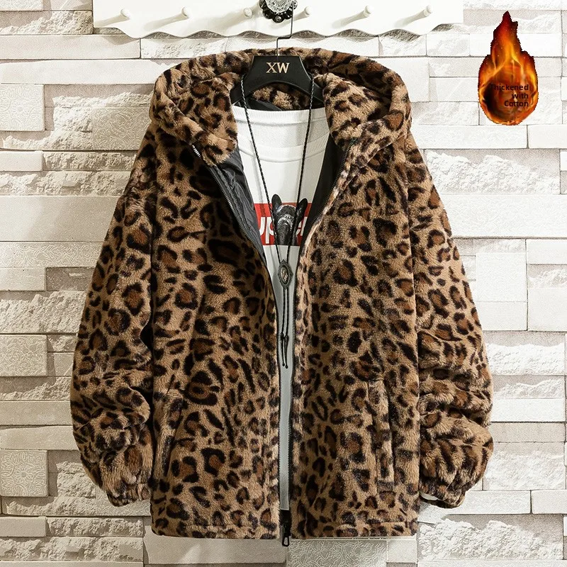 

Ретро-куртка с леопардовым принтом в стиле Харадзюку, свободного кроя, на флисовой подкладке, утепленная, с капюшоном, теплая, хлопковая, осенне-зимняя, из полиэфирного волокна