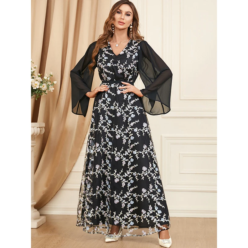 

Women clothing Flare sleeve v Neck Black Chiffon Embroidery Muslim Abaya dubai islam Long Maxi Long dress