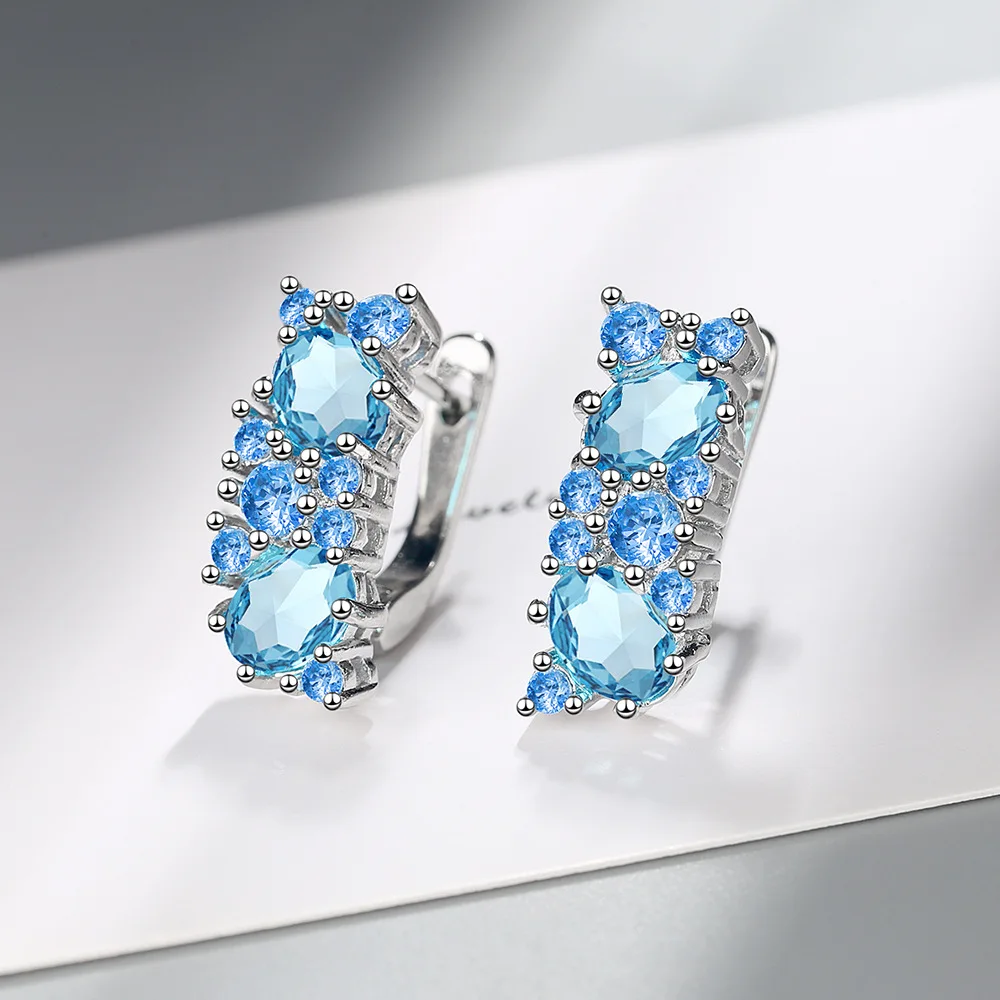 New Arrival kobiece kolczyki 925 srebro niebieskie okrągłe cyrkonie stadniny kolczyki dla damska biżuteria na prezent Pendientes Oorbellen