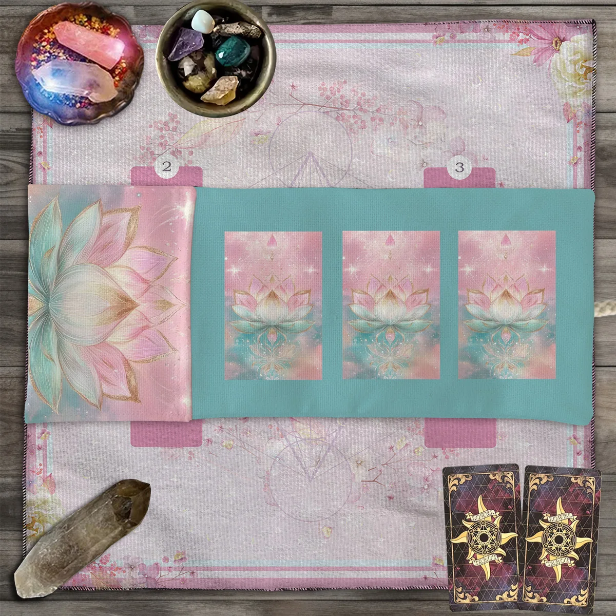 Aufbewahrungstasche für Lotus-Tarotkarten mit Farbverlauf, Tarot-Aufbewahrungstasche mit goldenem Umriss, rosafarbener und blauer Farbverlauf, Sternenhimmel-Wahrsagungstasche