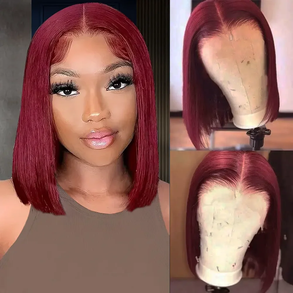 Parrucca Bob Corta Dritta Bordeaux 13x4 con Frontale in Pizzo 99J Parrucche in Pizzo Colorato HD con Capelli Umani Vergini Brasiliani Preplucked per Donne