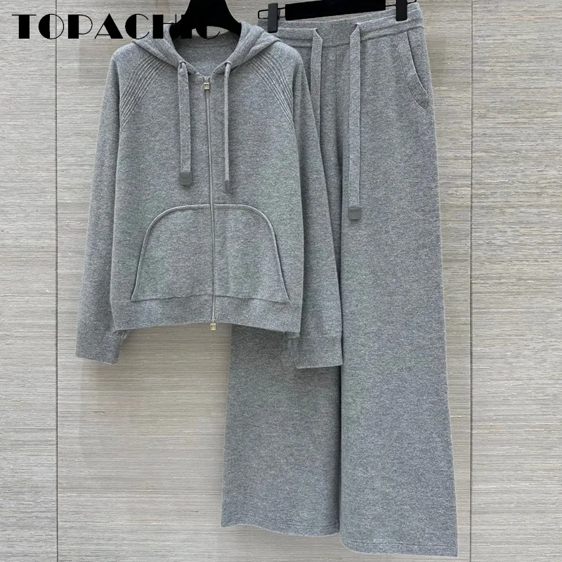 8.31 TOPACHIC-Women Hooded Jacquard Pocket Zipper Knit Cardigan + Drawstring Elastic Waist Pants Temperament Casual Set