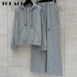 8.31 TOPACHIC-Women Hooded Jacquard Pocket Zipper Knit Cardigan + Drawstring Elastic Waist Pants Temperament Casual Set