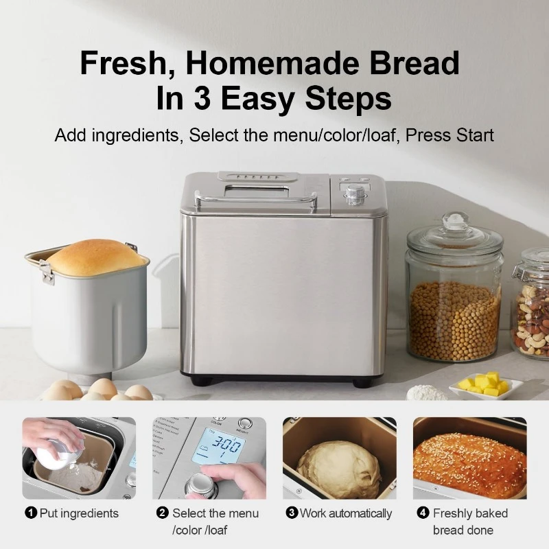 Ceramic Pan Bread Maker Machines All Metal for Gluten Free/Dough Maker/French/Dried Meat Floss/Jam/Yogurt(Silver) Bread Maker,