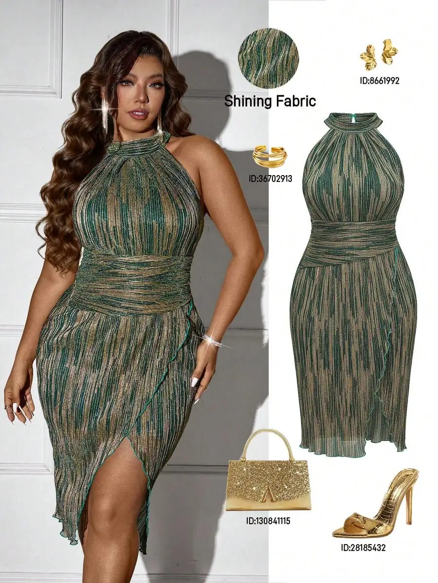 

Shimmering Green Halter Neck Slit Bodycon Dress with High Waist Detail