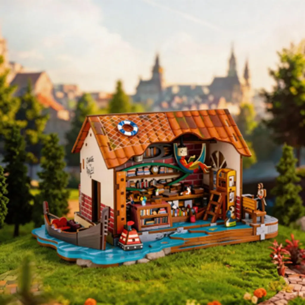 

DIY Wooden 3D Puzzle Floating Book Nook Kit, Romantic Riverside Bookstore Scene Model,Montessori Educational Toy & Creative Gift