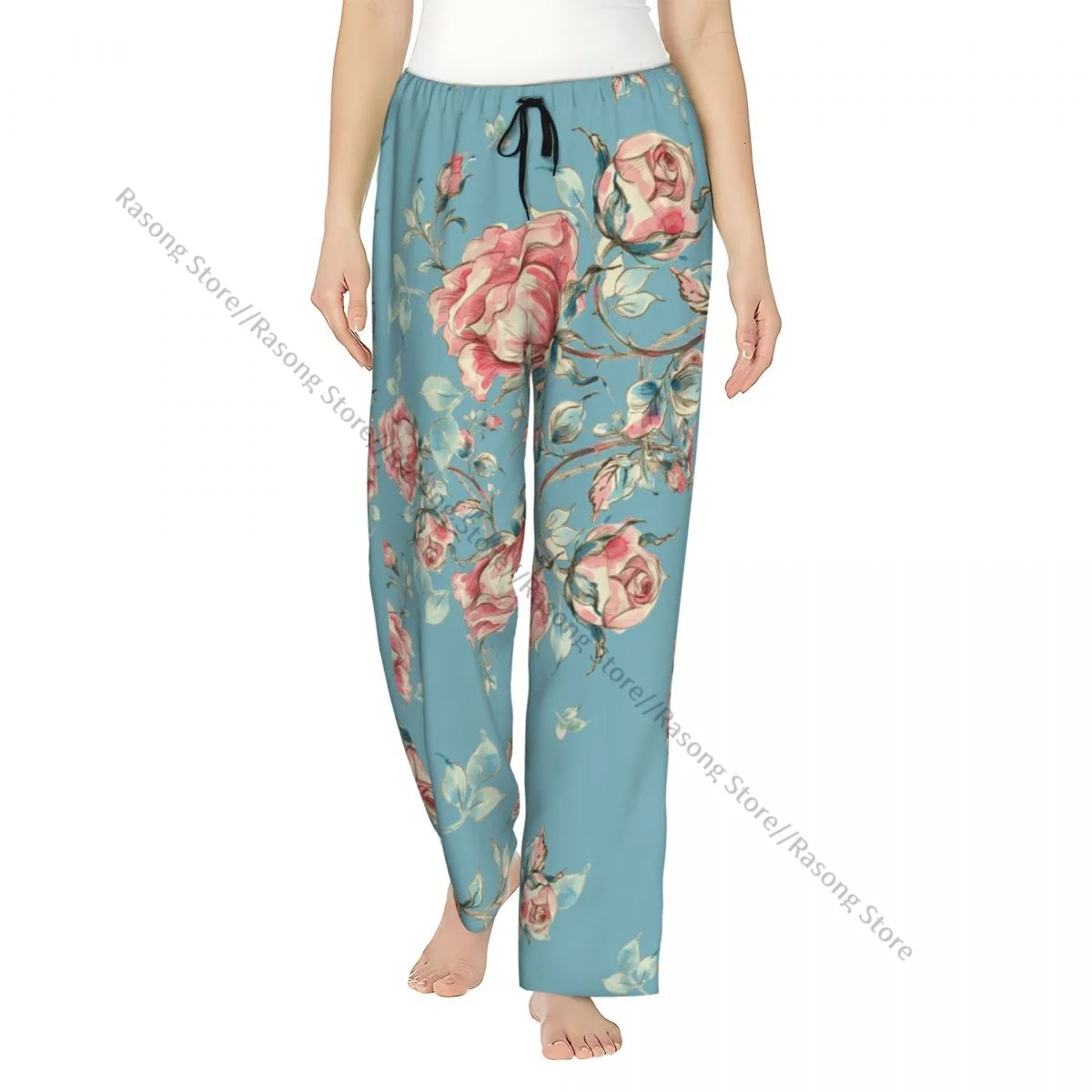 

Vintage Roses Women Sleep Pants Warm Flannel Lounge Pants for Winter Nights