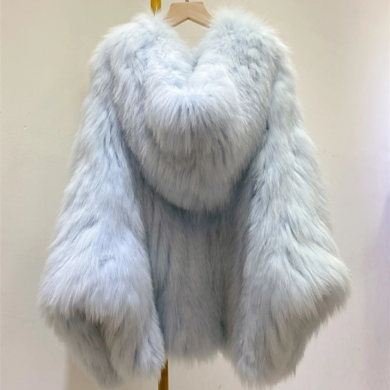 

Real Fur Coat Natural Fox Fur Hooded Warm Loose Coat Winter Jacket Women Woven Fur Strip Sewed Toghter New Fashion