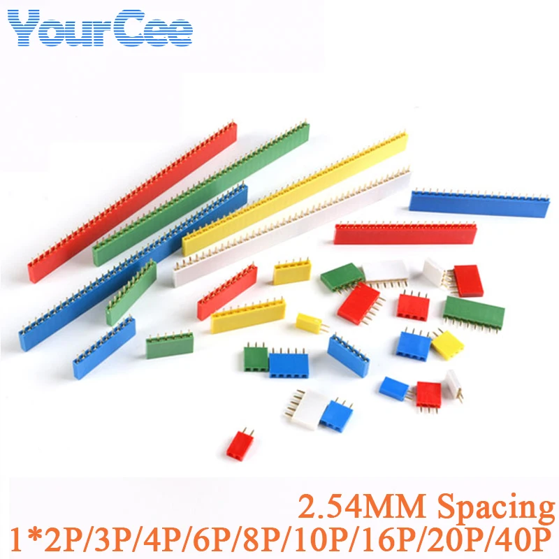 20 szt. Jednorzędowe gniazdo pinowe żeńskie 2.54mm 1*40P 20P 16P 10P 8P 6P 5P 4P 3P 2P Białe/Czerwone/Niebieskie Złącze Prosta Podstawa Igłowa