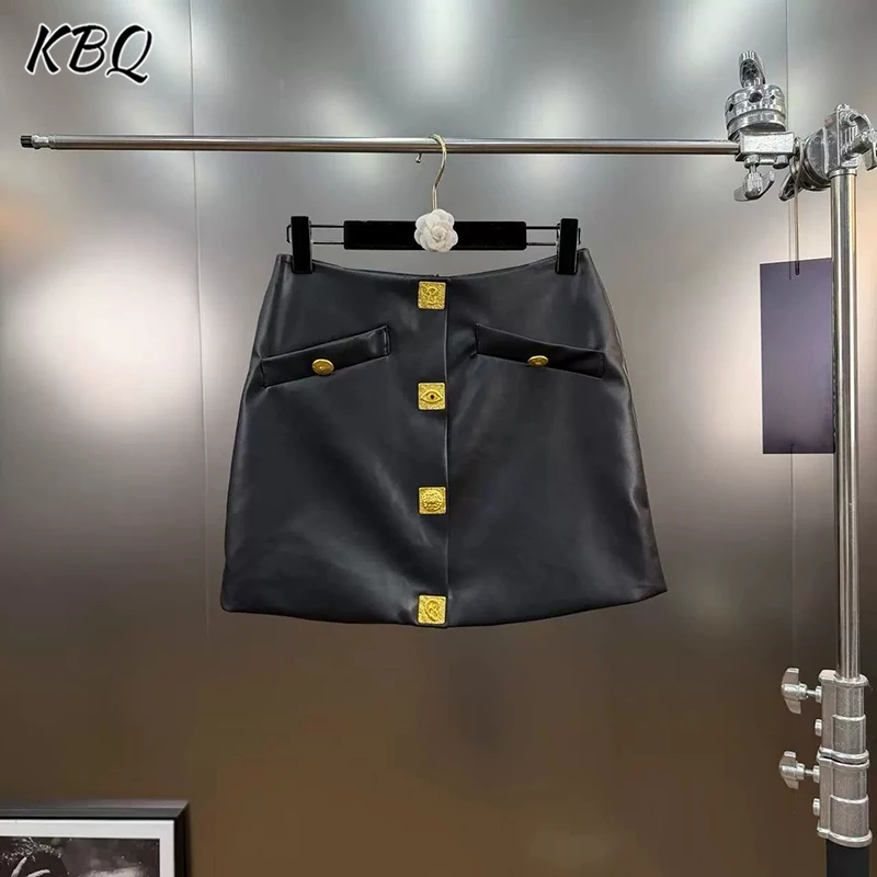 

KBQ Solid Temperament Minimalist A Line Skirts for Women High Waist Metal Buckle Decorative Short Skirt Female Fashion Style New