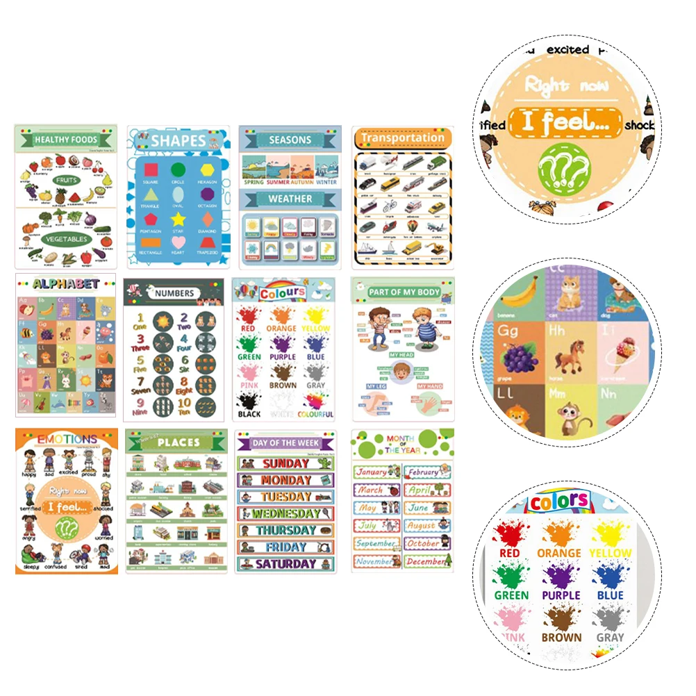 12 Sheets English Learning Posters Cognitive Shapes Educational Tools Kids Accessories Bright Colors Cartoon Patterns