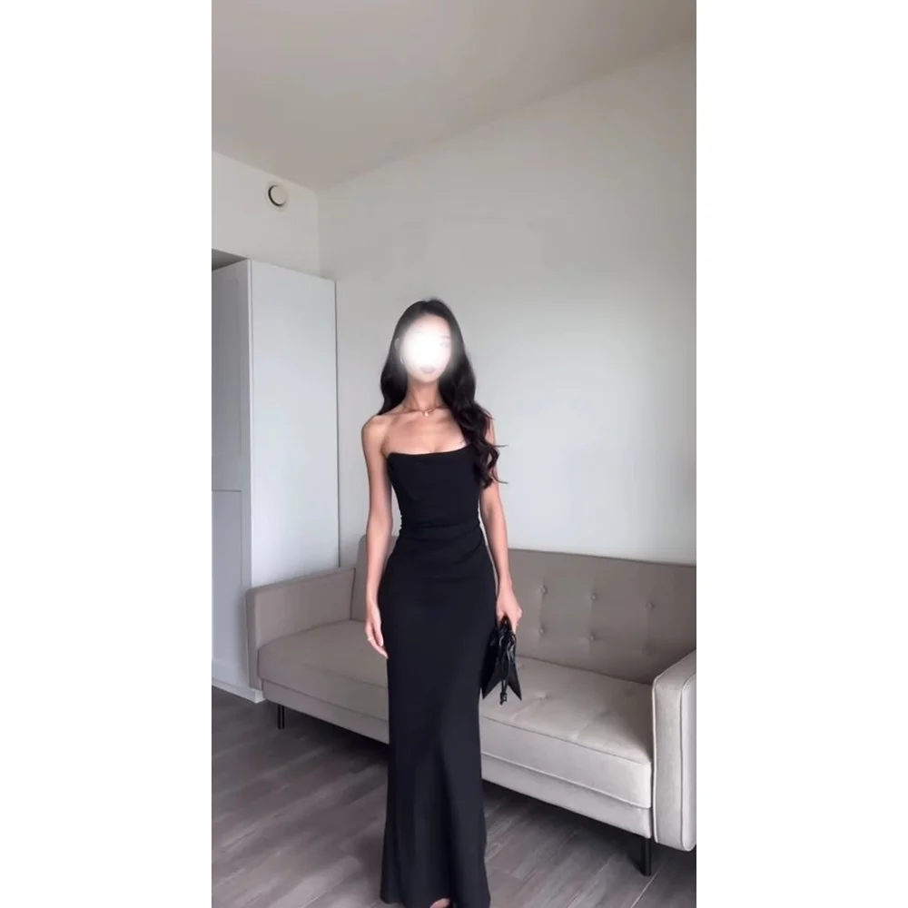 

Black Strapless Sleeveless Formal Banquet Dresses Elegant Sheath Mermaid Evening Dresses Pretty Floor Length Dresses