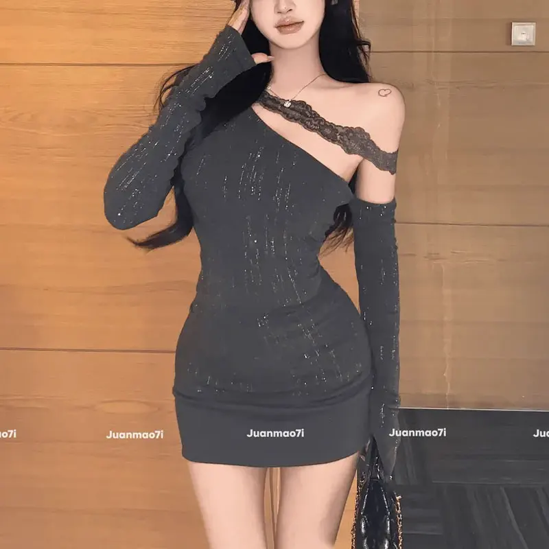 

Hotsweet Skew Collar Lace Spliced Dresses Autumn New Fashionable Off Shoulder Female Clothing Slim Aura Waist Bag Hip Mini Dress