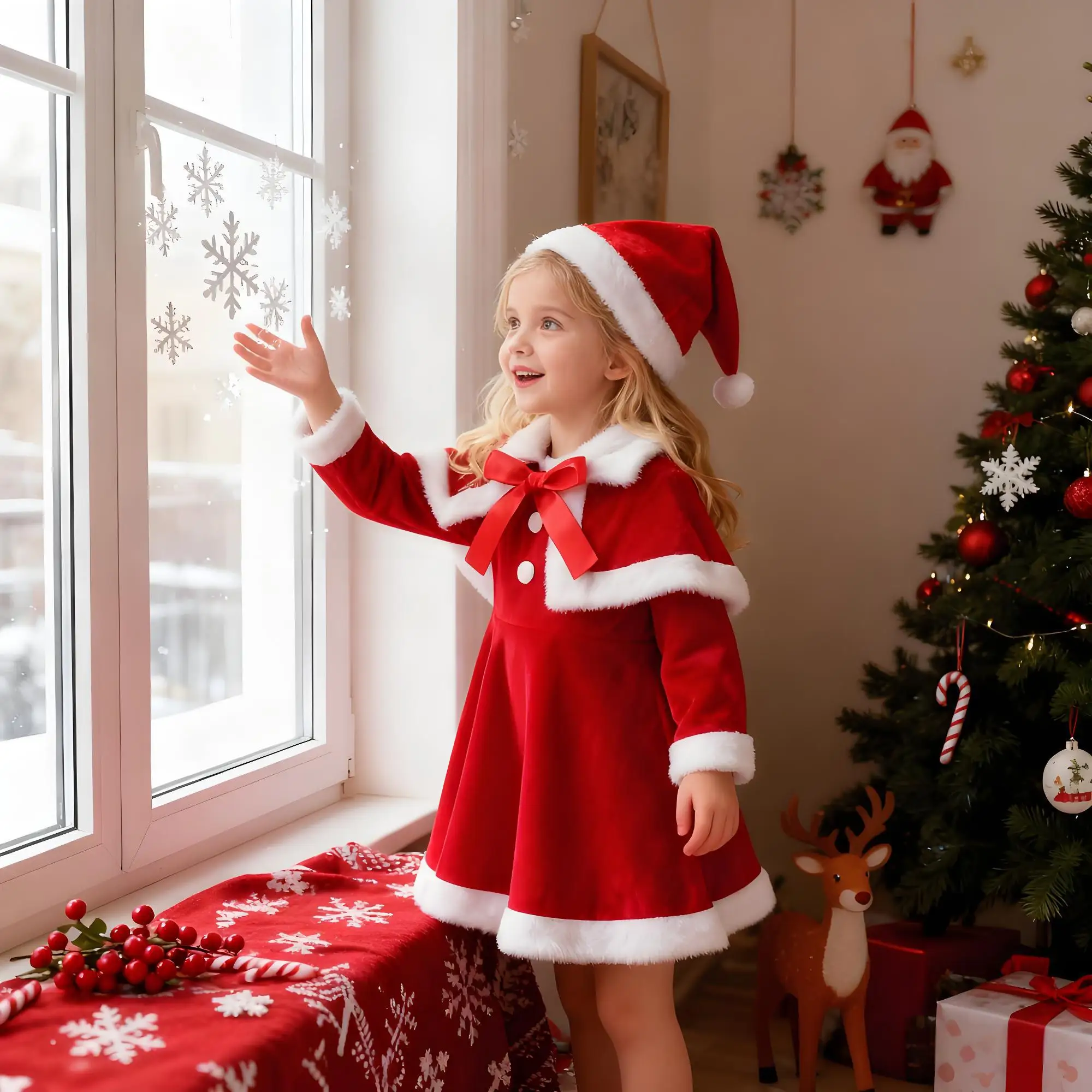 

Christmas Santa Claus Cosplay Costumes Long Sleeve Clothes Baby Girls Dress Cute Show Christmas Hats and Christmas Supplies