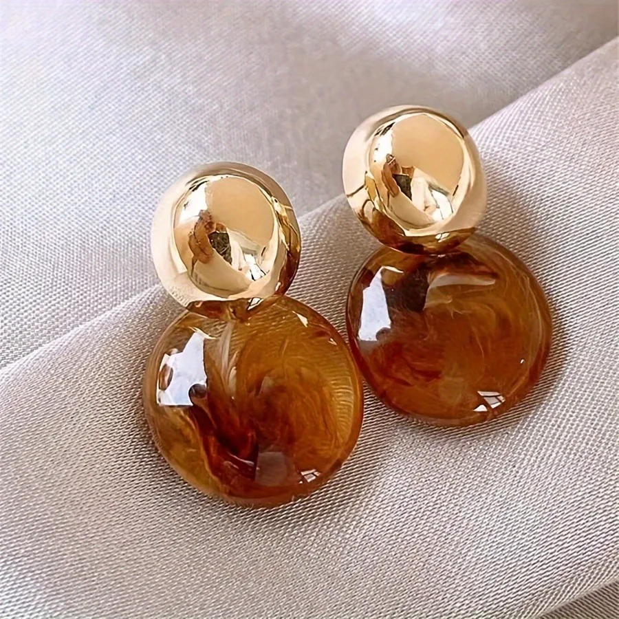 New Brown Resin Tiger Eye Stone Dangle Earrings for Women Fashion Silver Needle Earring Personality Melard Color Jewelry