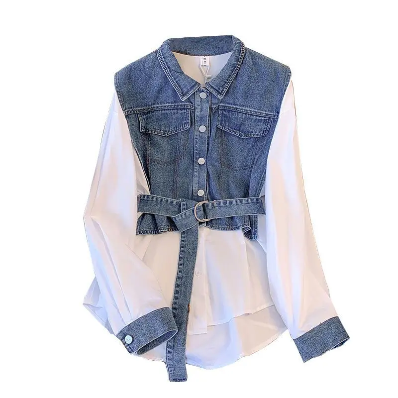 Spring Autumn Casual Denim Patchwork Shirt Women\'s Clothing Commute Turn-down Collar Stylish Sashes Basic Single-breasted Blouse