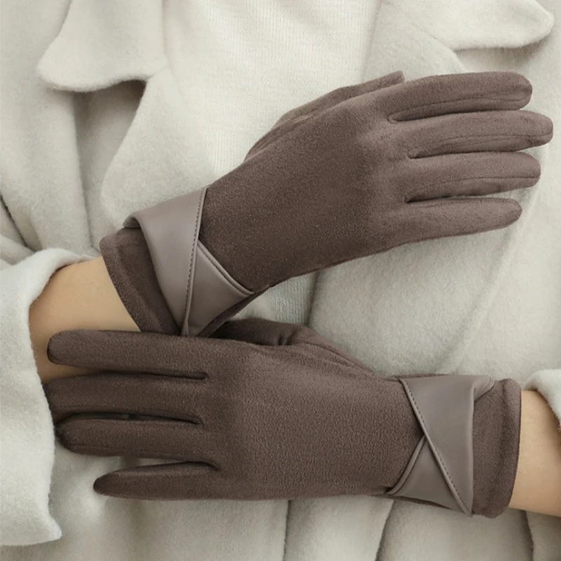 Winter Fleece Lined Suede Women Warm Gloves Touch Screen Driving Cycling Cold‑proof Windproof Gloves Outdoor Skiing Gloves