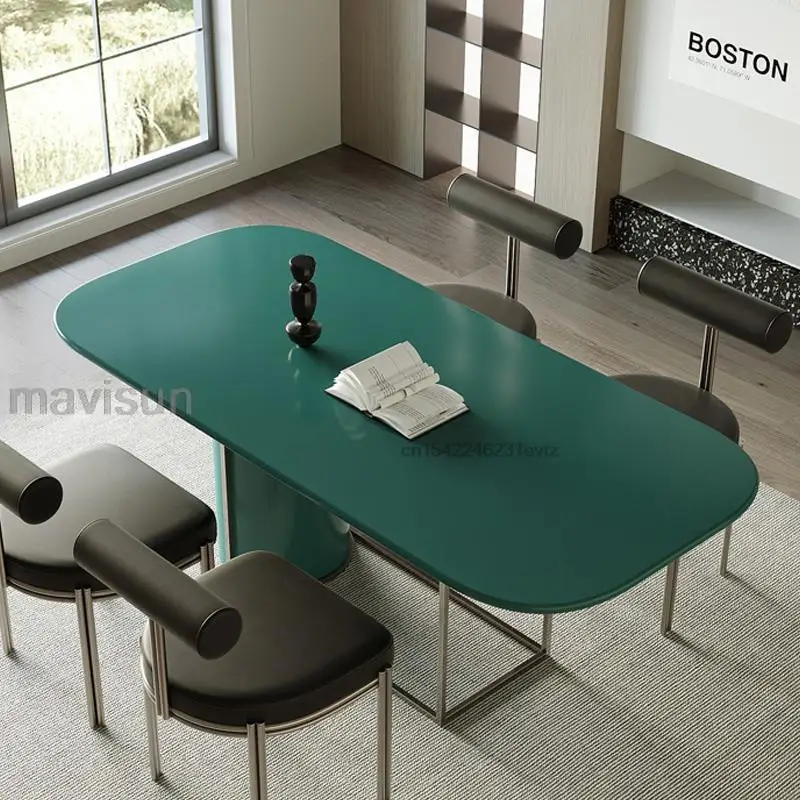 Simple Dining Room Set Grade Density Board And Stainless Steel Combination Table Base Rectangle Table With Baking Lacqer Desktop
