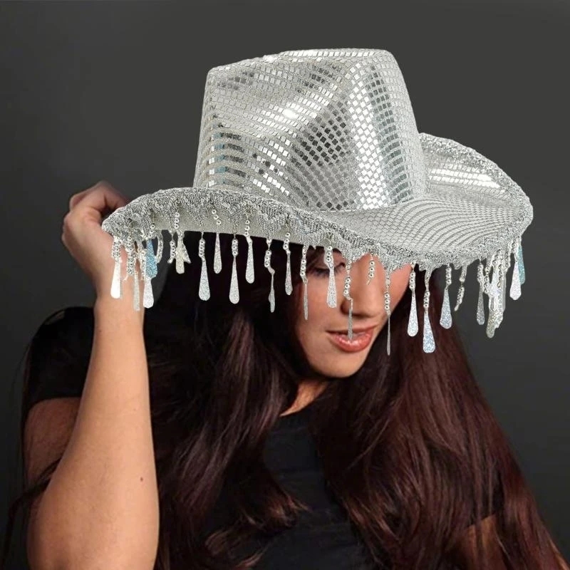 400A Bridal Panama Hat Silver Glitter Mirrored for Women Bride Hat Sparkling Tassels Mirrored Bridal Caps Photo Props