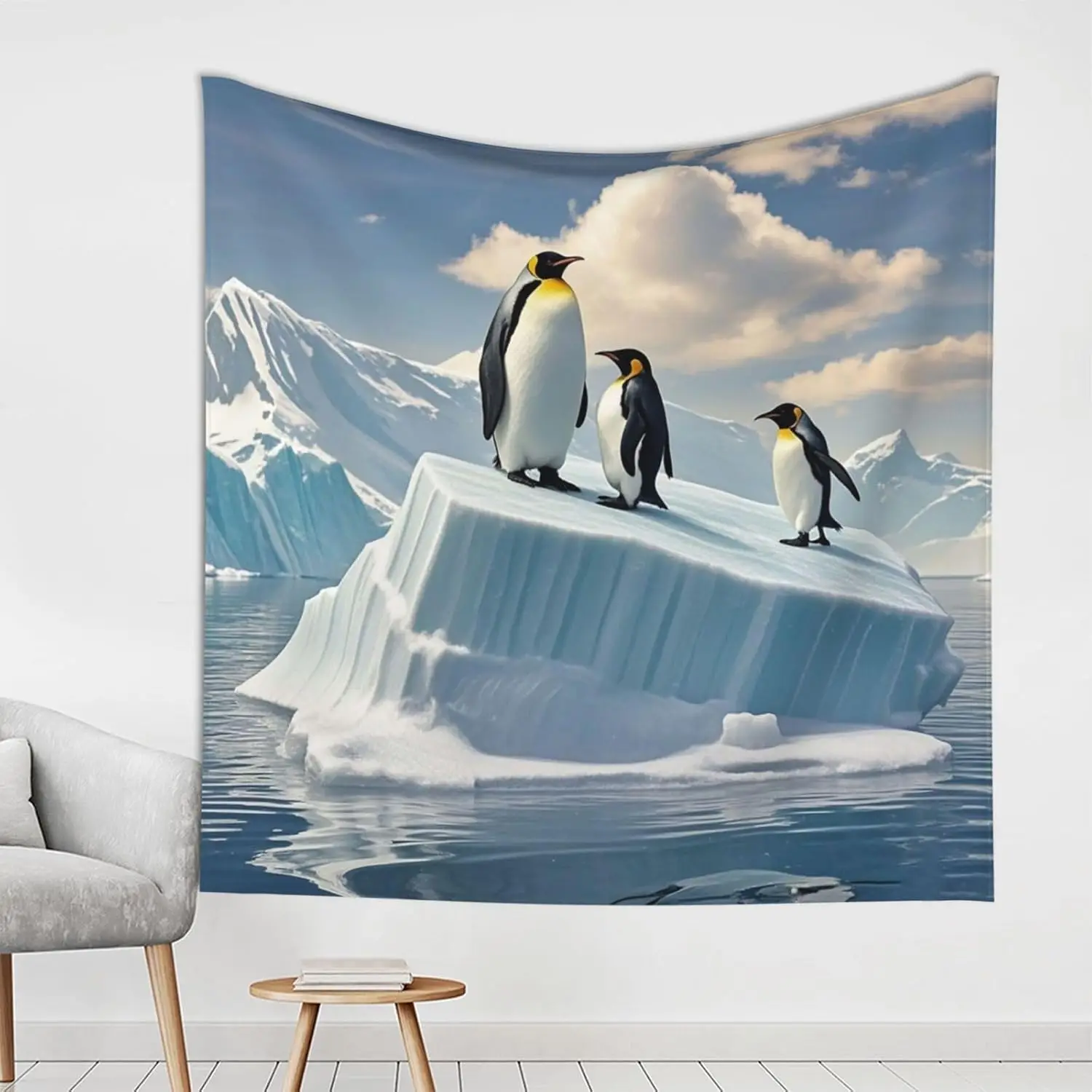 Realistic Penguin Family Tapestry Wall Hanging Antarctic Polar Animal Artwork Blue Ice Nature Decor Polyester Fabric Print for H